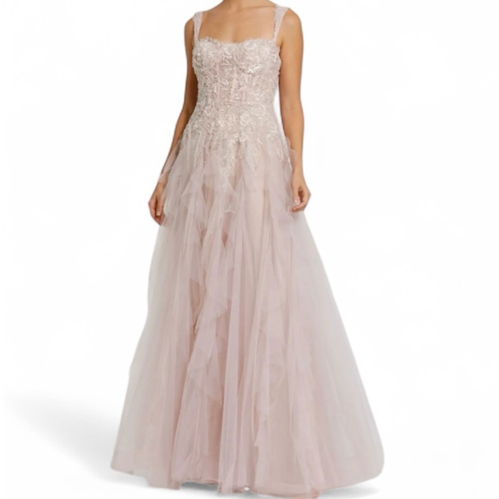 Mac Duggal Women’s Pink Bustier Tulle Ballgown With Ruffle Skirt size 2